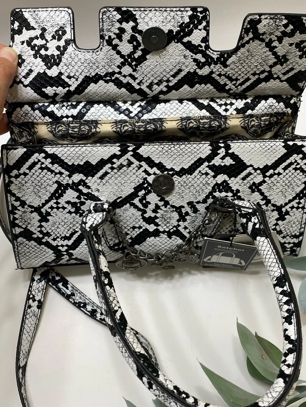 Ed Hardy Black & White Snake-Print Satchel with Charm Chain